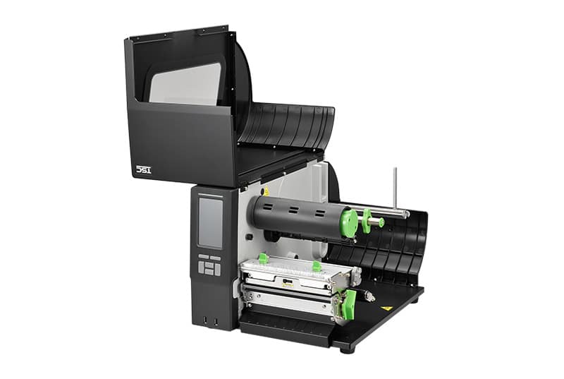 Etikettendrucker mit geöffneter Abdeckung, Farbe: schwarz Etikettendrucker mit geöffneter Abdeckung, Farbe: schwarz