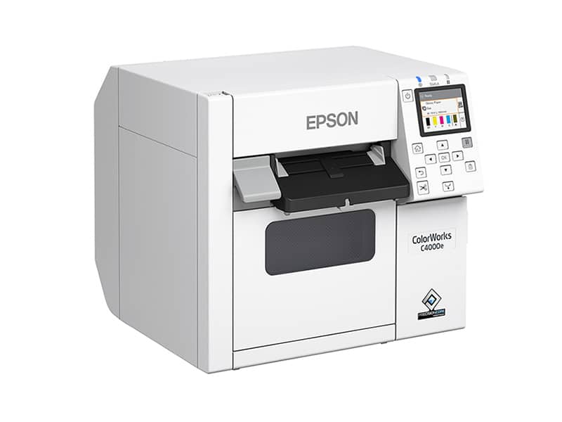 Farbetikettendrucker für hochwertigen Druck, Epson Farbetikettendrucker für professionellen Etikettendruck, Ansicht von vorne